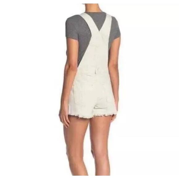 Free People SZ 8 Sunkissed Jean Overalls Zip-Front Frayed Hems Beige We the Free - Picture 3 of 12